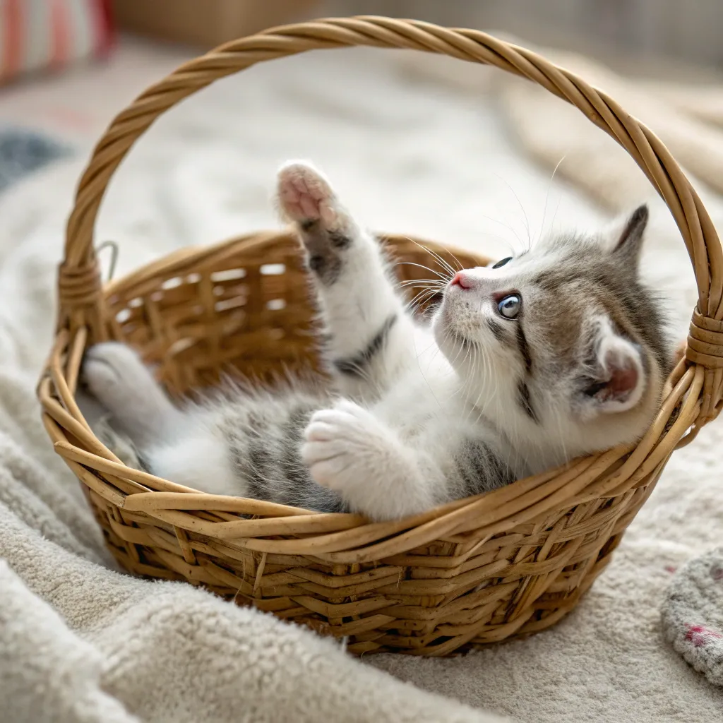 Playful kitten in a basket